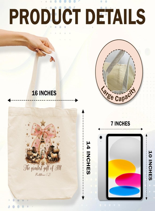 Mueddur Christian Christmas Canvas Totes, Pink Bow Shoulder Bags, Religious Christmas Farmers Market Bag, Bible Verse Reusable Grocery Bags, Holiday Gifts Bag For Women, 10 - Image 2